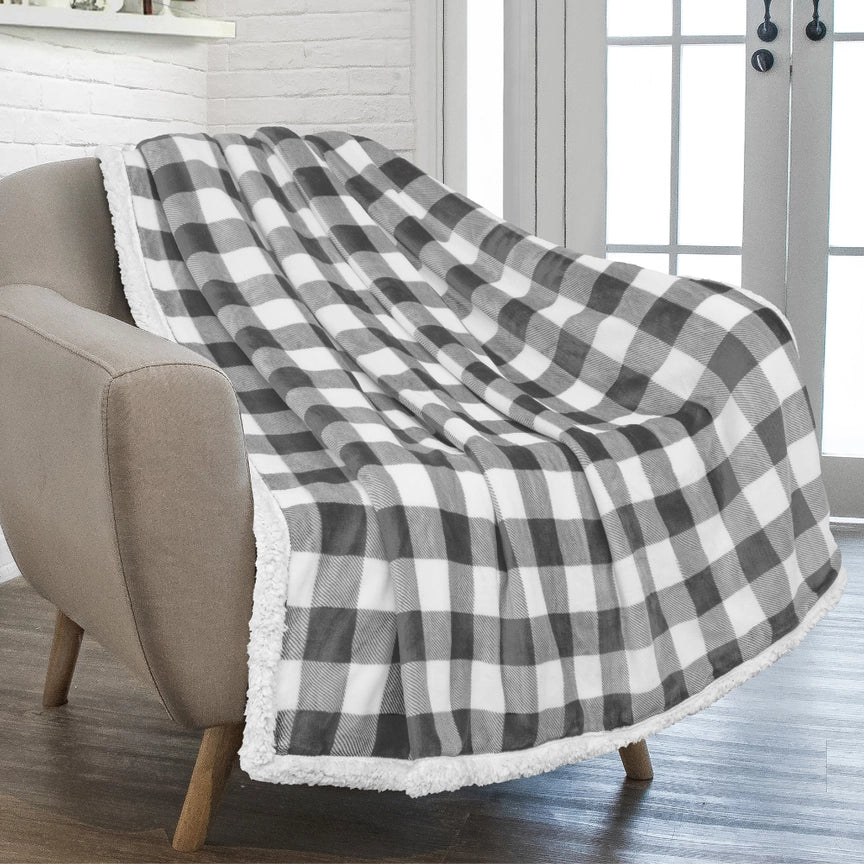 Heavy Weight Checkered Sherpa Blanket w/ leatherette patch